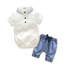 Casual baby Polo onesie and pull-on shorts for newborn, infant & toddler boys. Short sleeve bodysuit for warmer weather. Folded Polo collar neckline. Front chest pocket for a stylish look. Crotch-snap closure for easier diaper changing. Nickel free metal snaps to prevent skin irritation. Pull-on shorts with elastic waistband and drawstring or easy fitting. Made from softest cotton against delicate skin. Clothing is machine wash safe. More sizes are available for this baby clothing set. White Solid Color, Baby Polo, Dark Blue Pants, Baby Boy Clothes Newborn, Elastic Shorts, Blue Trousers, White Romper, Sleeves Clothing, Short Sleeve Bodysuit