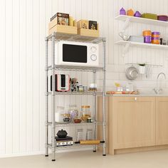 a microwave oven sitting on top of a metal shelf