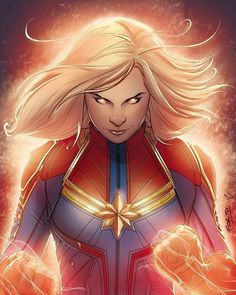 captain marvel comics character with blonde hair and blue eyes, standing in front of a red background