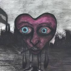 a drawing of a heart with blue eyes