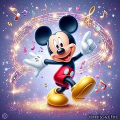 mickey mouse dancing with musical notes in the background