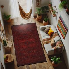 an overhead view of a living room with a rug on the floor and potted plants