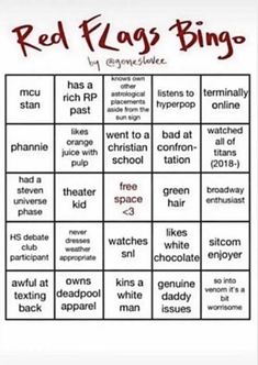 a red flag bingo game with words on it