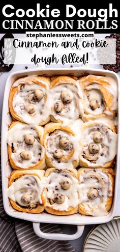 cinnamon rolls with cream cheese icing in a white baking dish on top of a plate