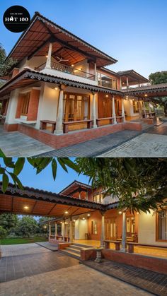 two different views of the outside of a house at night and in the day time