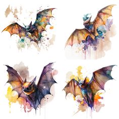 three different types of bats painted in watercolor