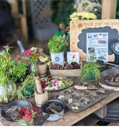 a table topped with lots of potted plants and pots filled with dirt on top of it