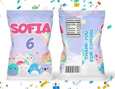 two bags of softa on a white background with confetti around the bag