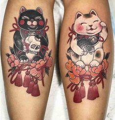 two tattoos on both legs with cats and flowers around them, one has a skull in the middle