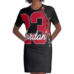 Loose and casual fit jersey t-shirt dress. Printed polyester blend front panel, solid color 100% cotton back/sleeves/rib. Size range XS-2XL. Air Jordan 23 Active T-Shirt Jordan 23, Casual Fit, Dress For Sale, Casual Fits, Jersey T Shirt, T Shirt Dress, Air Jordan, Dresses For Sale, Air Jordans