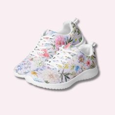 🌸 Step into style and comfort with our High Tea Florals Athletic Shoes! 🌸 Designed for both performance and fashion, these shoes boast a stunning High Tea Florals design that combines sweet and feminine elegance with functionality. Crafted from 100% polyester ultralight flyknit, they offer durability without compromising on breathability. Key Features: Material: Made from 100% polyester ultralight flyknit for a lightweight and comfortable fit. Outsole: Ethylene-vinyl acetate (EVA) rubber outsole provides excellent traction and durability. Lining: Breathable lining ensures your feet stay cool and dry during workouts or casual wear. Comfort: Soft insole and padded collar offer cushioning and support, making them ideal for all-day wear. Closure: Lace-up front allows for a customized fit and Spring Sneakers For Light Exercise With Round Toe, Summer Sneakers For Light Exercise With Round Toe, Summer Sneakers With Cushioned Footbed For Light Exercise, Spring Sneakers For Light Exercise With Lace-up Design, Spring Sneakers For Light Exercise, Lace-up, Lace-up Sneakers For Light Exercise In Spring, Spring Lace-up Sneakers For Light Exercise, Pink Floral Print Sneakers For Summer, White High-top Sneakers With Floral Print