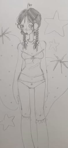 a drawing of a girl standing in front of stars with her hands on her hips