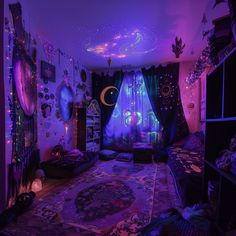 a bedroom decorated in purple and black with lots of lights on the ceiling, rugs and bedding