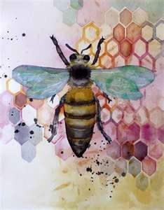 a painting of a bee sitting on top of a piece of paper with honeycombs in the background