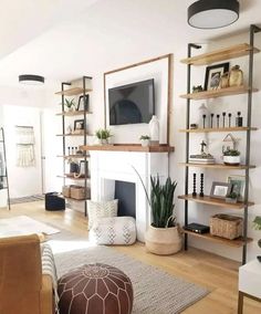 a living room filled with furniture and a flat screen tv mounted on a wall above a fire place