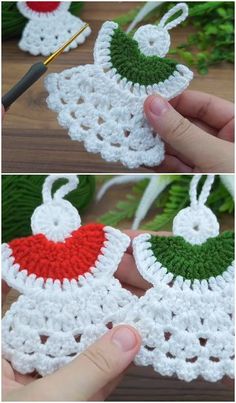 crochet christmas ornament is shown in two different pictures, one with a red and green decoration on it