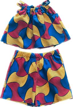 * 100% cotton  * Short sleeves  * Elastic band on shorts Allow 7-10 days for processing. Shipping takes about 6 days. Color: Multicolour Fabric: Ankara/Wax Material: Ankara Summer Cotton Sets With Built-in Shorts, Cotton Beach Sets With Short Length, Cotton Beach Sets In Short Length, Playful Cotton Bottoms In Matching Set, Beach Short Length Cotton Short Set, Red Cotton Short Sets, Playful Cotton Short Set, Cotton Bottoms Matching Set For Summer, Cotton Matching Short Sets