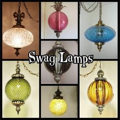 several different types of glass lamps hanging from chains with words saying swag lamps you'll be owned one or when someone that did not