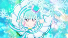 an anime character with blue hair and green eyes is holding her arms out in the air