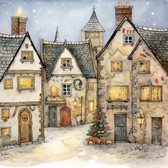 a watercolor painting of a christmas scene with houses and a tree in the snow