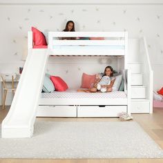 Stairs Slide, Bunk Beds For Girls Room, Bunk Bed With Stairs, Bed With Stairs, Bed For Girls Room, Girls Bunk Beds, Curved Bed, Bed Stairs, Modern Bunk Beds