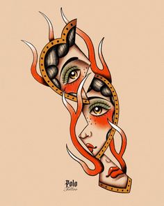 a drawing of a woman's face with flames coming out of it