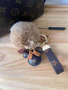 a cat is sitting on the floor next to a purse and keychain