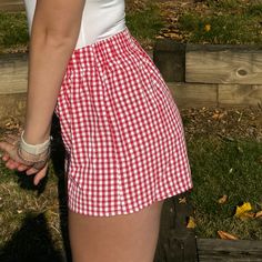 Wore Once (In Pics) Red Plaid Shorts, Cute Short Red Bottoms, Cute Short-length Red Bottoms, Trendy Summer Gingham Shorts, Trendy Gingham Shorts For Summer, Trendy Gingham Summer Shorts, Cute Summer Bottoms For Day Out, Red Summer Bottoms For Picnic, Red Bottoms For Summer Picnic