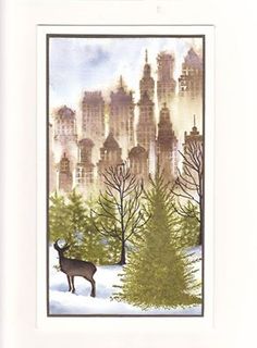 a painting of a deer in front of a cityscape with trees and buildings