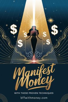 an advertisement for the best money contest with a woman standing in front of dollar signs