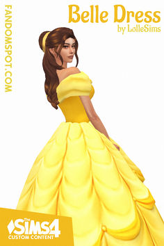 an animated image of a woman in a yellow dress with the caption's name below it