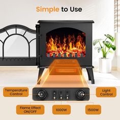 an electric fireplace heater is shown with instructions on how to use it and where to put the flame