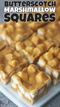 butterscotch marshmallow squares on a white plate with text overlay that reads butterscotch marshmallow squares