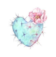 a watercolor painting of a heart shaped cactus with a pink flower