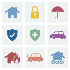 different colored icons with houses, cars and umbrellas