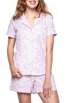 Feel cool and comfy in a pair of floral-print pajamas styled with notched lapels, smooth piping and convenient pockets. Top has notched lapels; short sleeves 100% cotton Machine wash, dry flat Imported Silk Pajamas Shorts, Cotton Pajamas, Floral Pajamas, Pocket Shorts, Striped Pyjamas, Floral Robes, Print Pajamas, Floral Short, Cotton Pyjamas