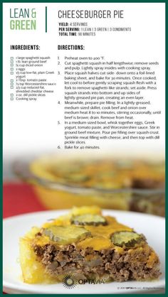 the recipe for this meal is shown in green and white lettering, with an image of cheeseburger pie on it