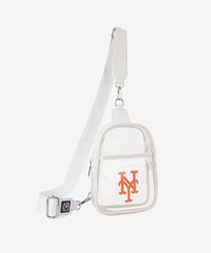 MLB New York Mets  Clear Mini Sling Stadium Bag White Sports Bag With Adjustable Strap, White Sporty Crossbody Bag, Sporty White Crossbody Bags, White Crossbody Shoulder Bag With Clear Strap, Sporty White Shoulder Bag With Removable Pouch, New York Mets Logo, Clear Handbag, Mets Logo, Montana West Purse