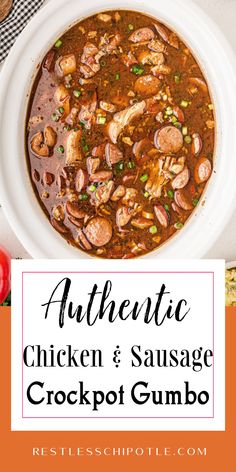 Overhead view of a crockpot full of gumbo. Chicken And Sausage Gumbo Crockpot, Crockpot Gumbo Recipe, Slow Cooker Chicken And Sausage, Jambalaya Recipe Crockpot, Crockpot Gumbo, Gumbo Recipe Crockpot, Gumbo Crockpot, Louisiana Chicken, Easy Gumbo