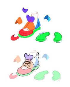 an image of different shoes on the ground with colored shapes around them and one shoe in the air