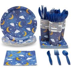 a set of blue and yellow paper plates, napkins and forks