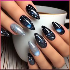 Easy Halloween nails include simple and low key nail art, such as spider webs, pumpkins, zombies and many others. Check out more ideas! Pink And Blue Cat Eye Nails, Celestial Gel Nails, Nasa Nails, Milky Way Nails, Nebula Nails, Vtuber Reference