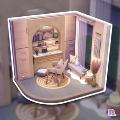 an animated view of a living room and kitchen