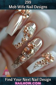 Discover the epitome of luxury with these opulent coffin nails, adorned with a shimmering rose gold glitter gradient and topped with dazzling rhinestones. Ideal for a glamorous event or a night out, these nails are sure to be the centerpiece of your ensemble. Eager to embrace this lavish look? Make your way to nailhow.com for a full guide on emulating this glittering masterpiece and let your nails sparkle with extravagance. Wife Nails, Club Attire, Glitter Gradient, Nails Sparkle, Artsy Design, Nail Pictures, Shiny Pokemon, Mob Wives, Mob Wife