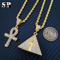 Hip Hop Celebrity Style Brand New Pyramid Necklace : Chain : Rope Chain Chain Length : 30" Chain Width : 4mm Color: 14k Gold Plated Pendant Size : 30mm X 32mm X 13mm Ankh Necklace : Chain: 4mm 24" Rope Chain 14k Gold Plated Lab Diamonds On Pendants Pyramid Necklace, Ankh Necklace, Ankh Cross, Mens Accessories Jewelry, Rope Chain, Necklace Chain, Lab Diamonds, Pyramid, Chain Lengths