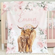 This personalized highland cow minky blanket makes the perfect baby shower gift! SO CUTE!! Western Baby Bedding, Ruffle Crib Skirt, Girls Nursery Floral, Birthday 12, Sweet Nursery