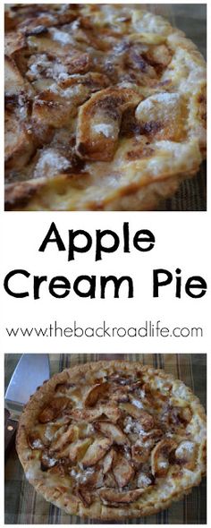 an apple cream pie is shown in three different pictures