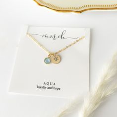 This is a thoughtful and unique gift for birthdays, graduation, Wedding, Anniversary, Christmas or Mother's Day.  M A T E R I A L S * A N D * S I Z E - hand stamped 14k Gold Filled Disc measures 9mm, - 18K Gold Filled Stainless Steel Chain, - and Gold Plated Birthstone Charm measures 6mm. * An additional Gift Message will be available at the checkout - this will create an additional card with your custom message. Other March Birthday Gifts ideas: https://www.etsy.com/shop/JewelleryJKW?ref=seller-platform-mcnav&search_query=march March Birthday Gift, Birthstone and Initial Necklace, Personalized Gift for Women, Gold Name Necklace, Jewelry Birthday Gift for Teens  Do you have any questions about this listing? Please contact me via Etsy! * This Necklace comes with the pictured Card Insert - y Meaningful Jewelry For Birthday Gifts, Personalized Inspirational Jewelry For Birthdays, Spiritual Charm Necklaces For Birthday And Mother's Day, Personalized Inspirational Jewelry For Birthday, Inspirational Personalized Jewelry For Birthday, Inspirational Birthstone Jewelry Gift, Inspirational Birthstone Jewelry For Gifts, Inspirational Gold Jewelry For Birthdays, Spiritual Birthstone Necklace For Birthday Gift