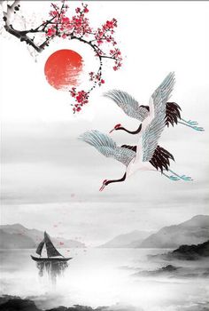 two birds are flying over the water with a boat in front of it and a red sun behind them