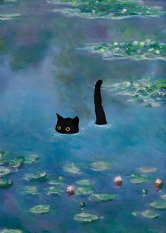 a painting of a black cat in water with lily pads